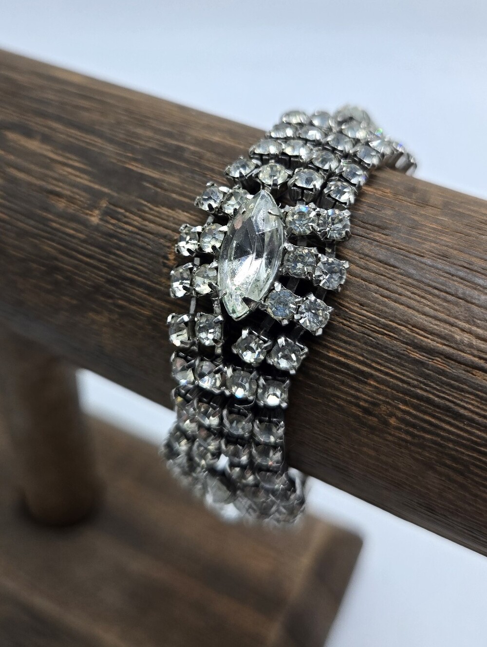 50's Clear Rhinestone Bracelet Silver Tone MCM Jewelry Statement Fashion Costume